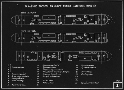 886088 Plattegronden van een electrisch treinstel mat. 1946 van de N.S. met aanwijzing van de verschillende onder de ...